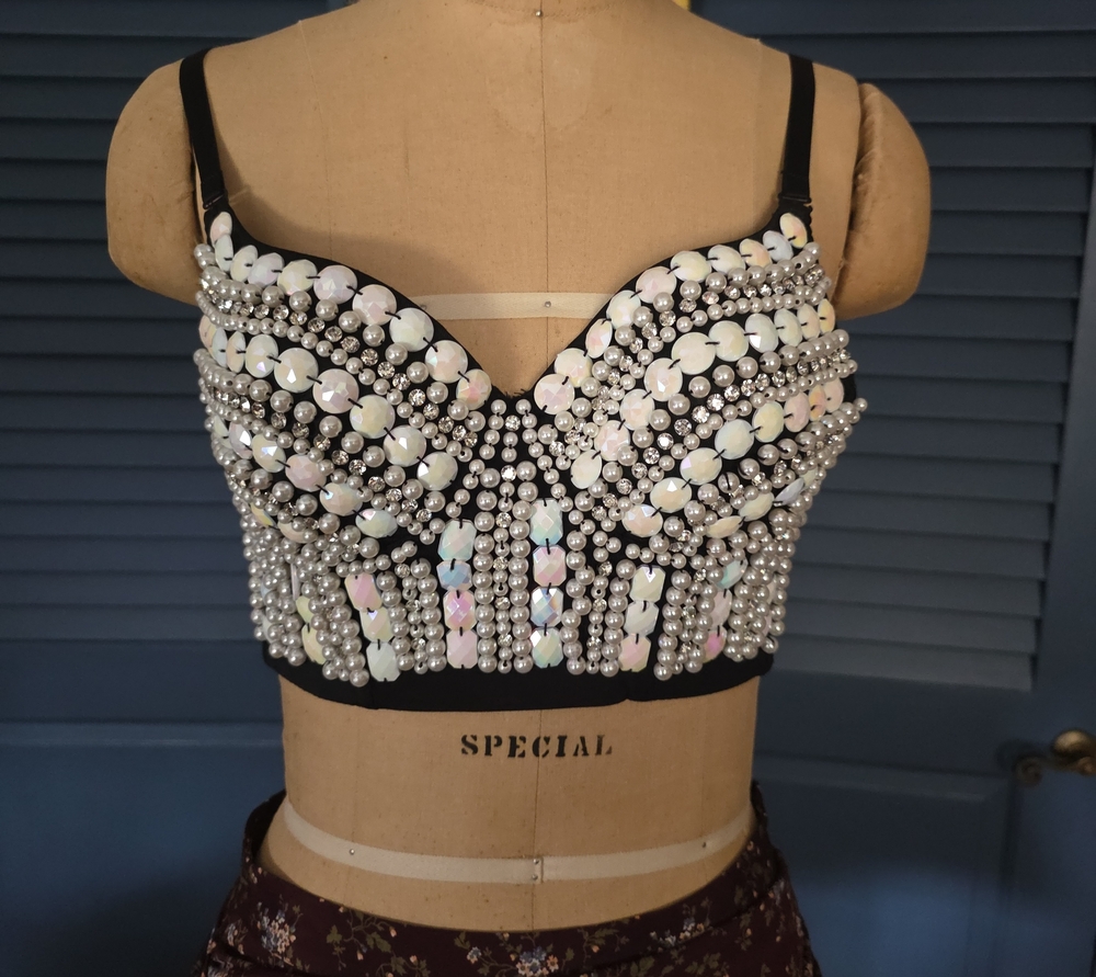 Embellished Iridescent Sequin Black Crop Top